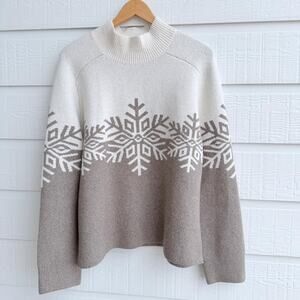 LOFT Taupe White Snowflake Cozy Sweater Large
